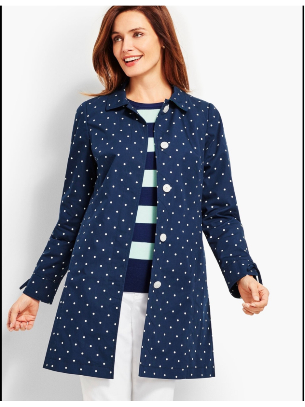 Talbots Trench Coat Size 12 Blue White Polka Dot Spring Preppy Nautical Pockets